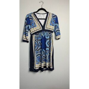 Bailey Blue Paisley Medallion Empire Waist V-Neck Dress Blue Gold 3/4 Sleeve S
